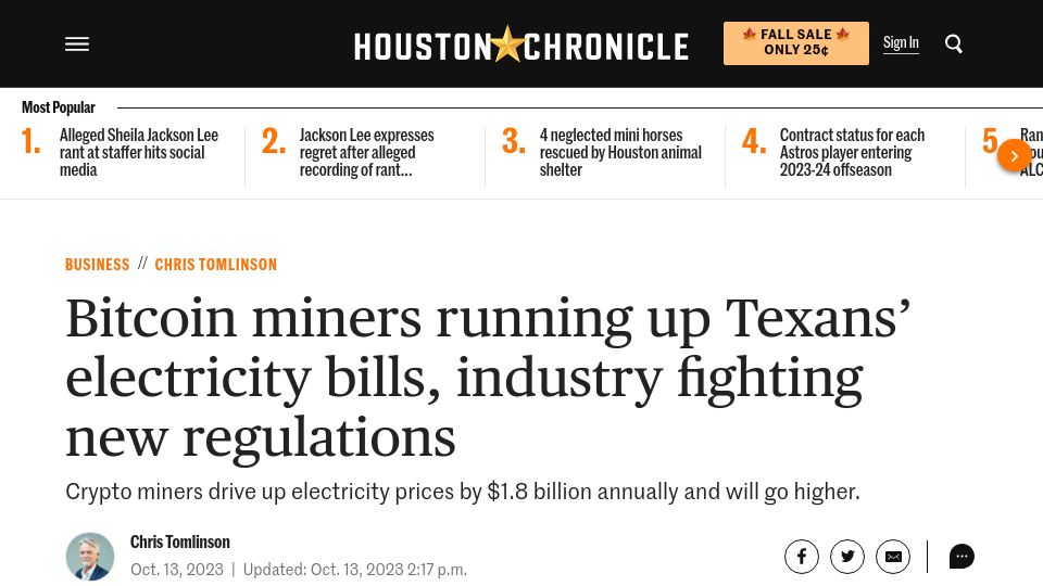 Screenshot of houstonchronicle.com: Bitcoin miners running up Texans' electricity bills