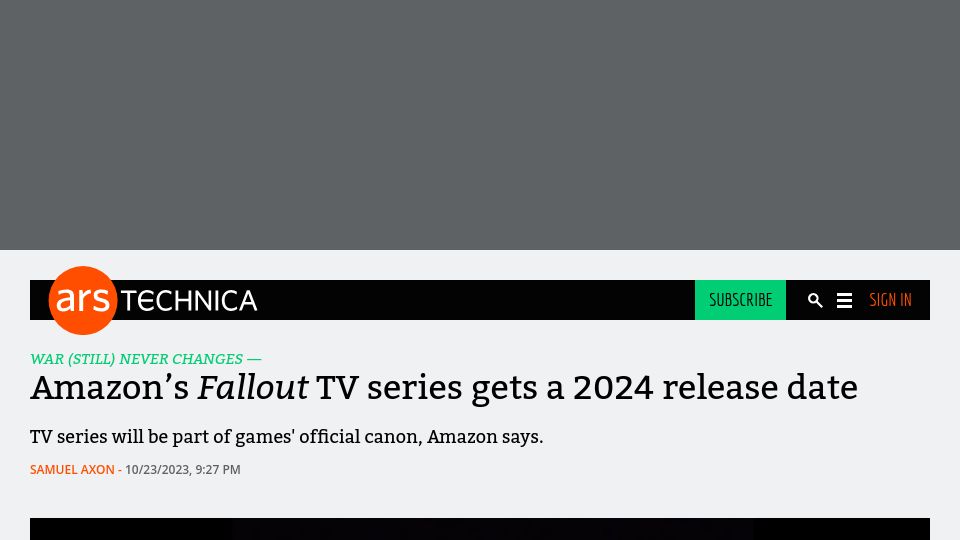 Screenshot of arstechnica.com: Amazon's Fallout TV series gets a 2024 release date