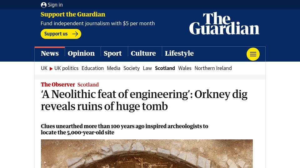 Screenshot of theguardian.com: 'A Neolithic feat of engineering': Orkney dig reveals ruins of tomb