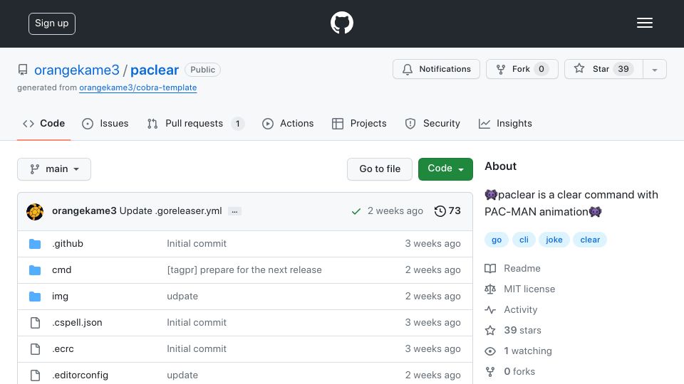 Screenshot of github.com: Show HN: Paclear – A Fun Twist on the 'Clear' Command with Pac-Man Animation