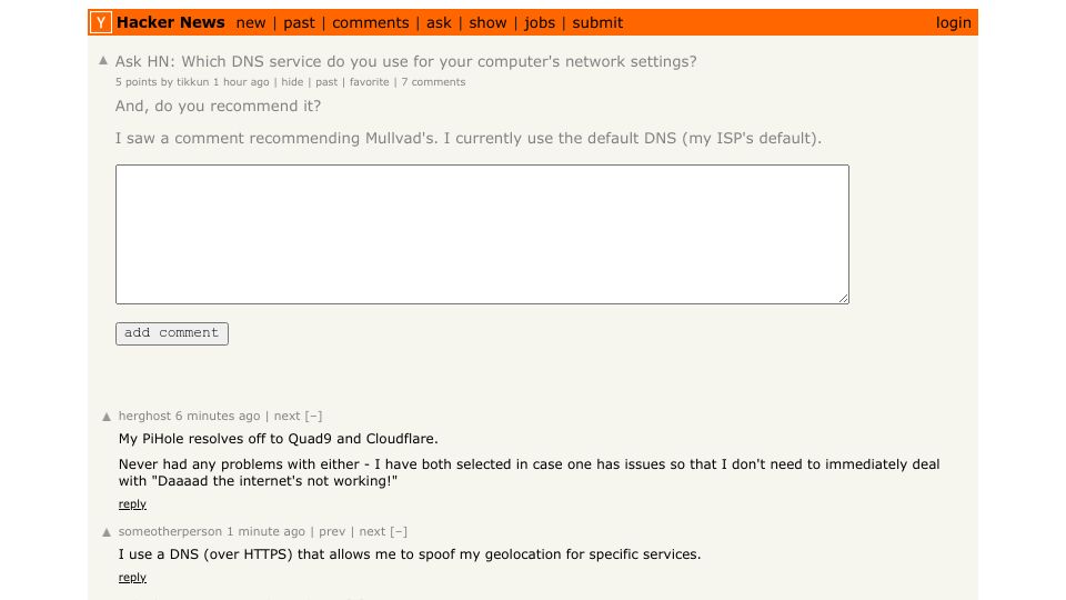 Screenshot of Hacker News post: Ask HN: Which DNS service do you use for your computer's network settings?