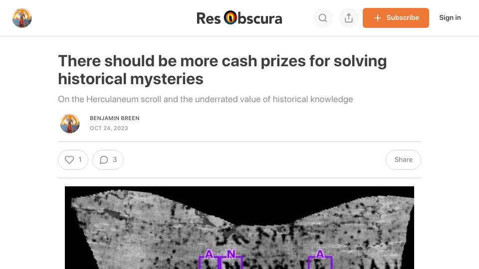 Screenshot of resobscura.substack.com: There should be more cash prizes for solving historical mysteries