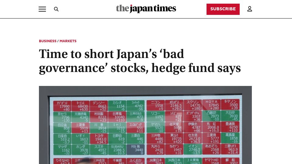 Screenshot of japantimes.co.jp: Time to short Japan's 'bad governance' stocks, hedge fund says