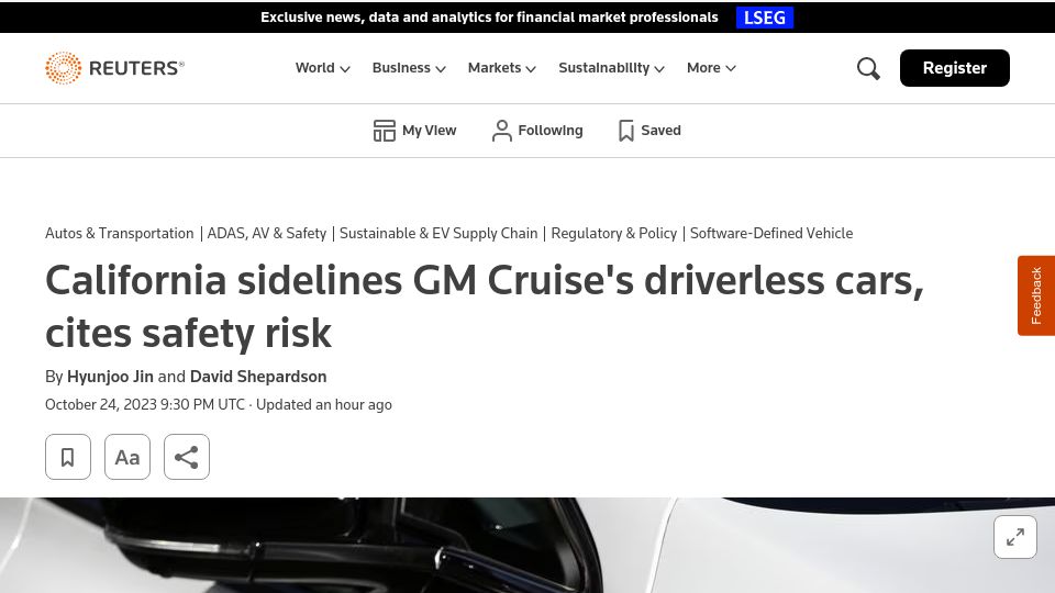 Screenshot of reuters.com: California suspends Cruise's autonomous vehicle deployment