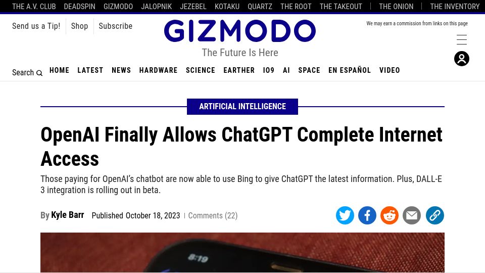 Screenshot of gizmodo.com: OpenAI Finally Allows ChatGPT Complete Internet Access
