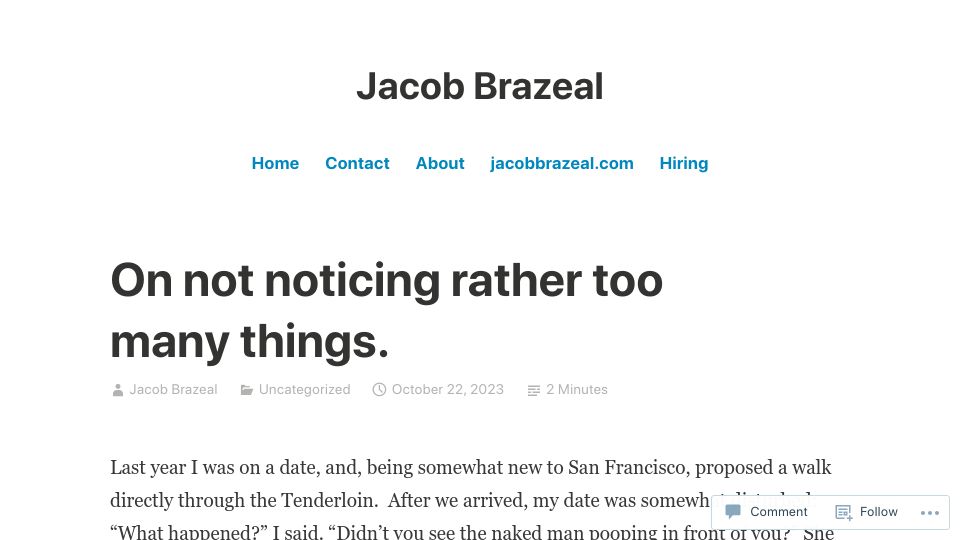 Screenshot of jacobbrazeal.wordpress.com: On not noticing rather too many things