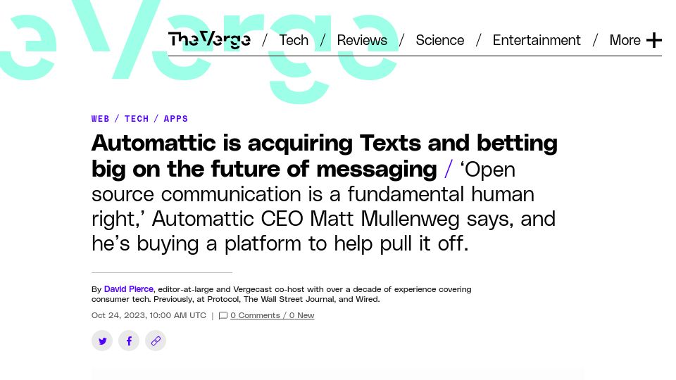 Screenshot of theverge.com: Automattic is acquiring Texts and betting big on the future of messaging