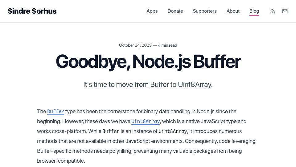 Screenshot of sindresorhus.com: Goodbye, Node.js Buffer