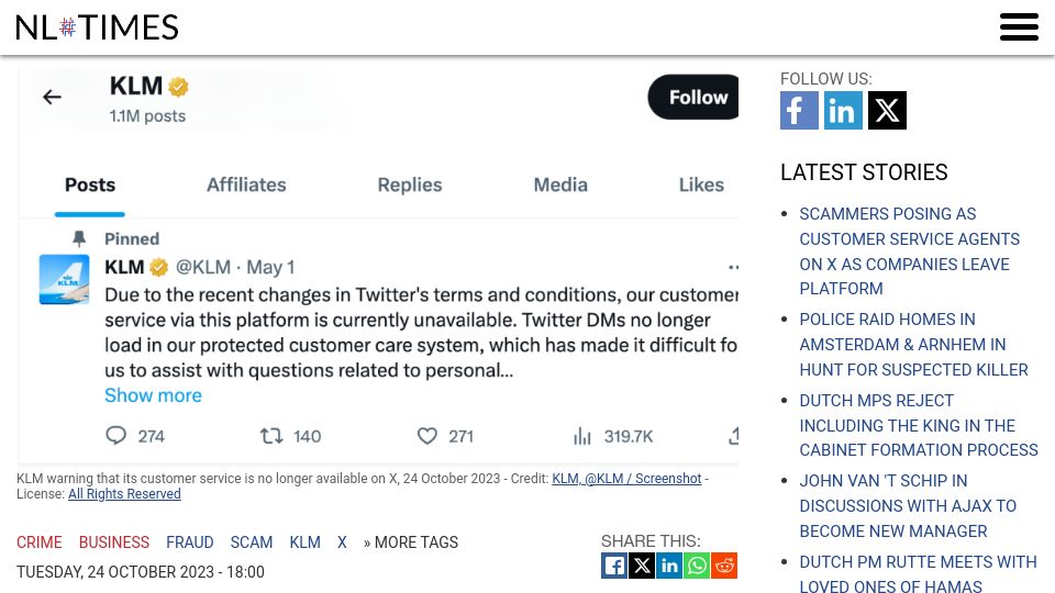 Screenshot of nltimes.nl: Scammers posing as customer service agents on X as companies leave platform