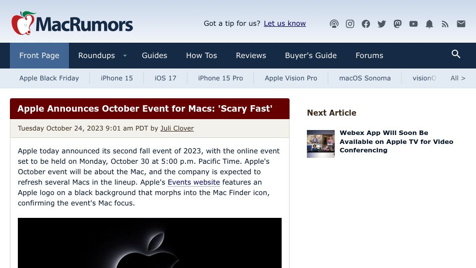 Screenshot of macrumors.com: Apple Announces October Event for Macs: 'Scary Fast'