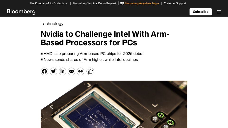 Screenshot of bloomberg.com: Nvidia to Challenge Intel with Arm-Based Processors for PCs