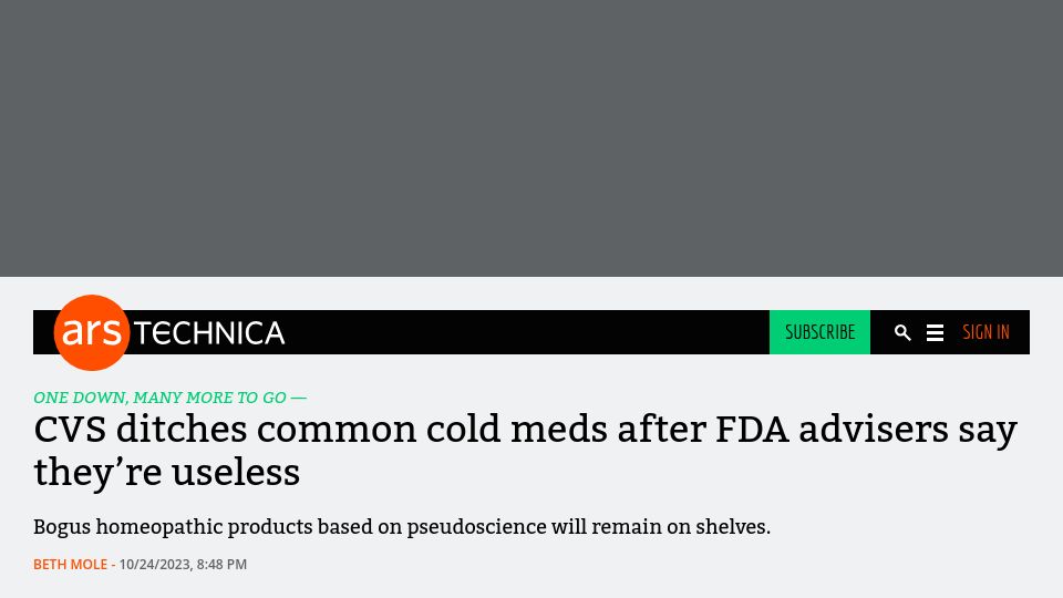 Screenshot of arstechnica.com: CVS ditches common cold meds after FDA advisers say they're useless