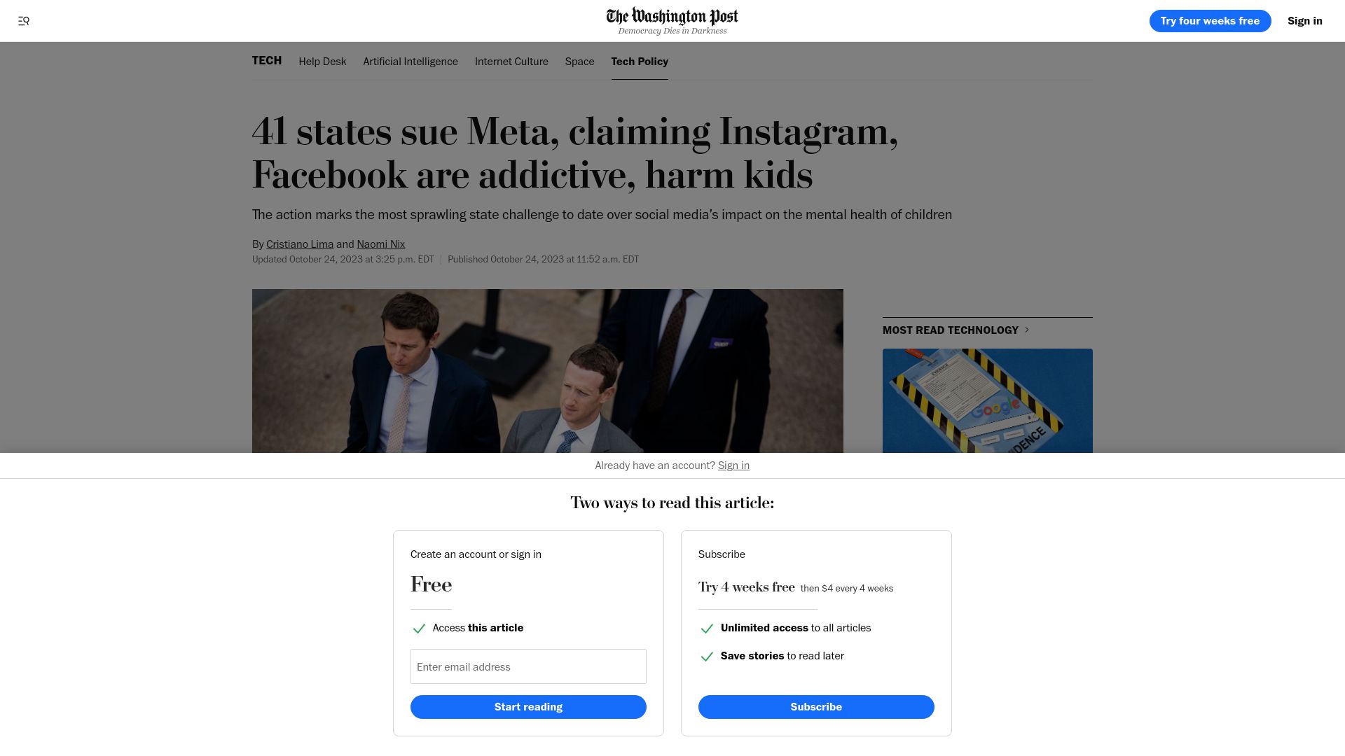 Screenshot of washingtonpost.com: 41 states sue Meta, claiming Instagram, Facebook are addictive, harm kids