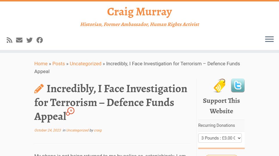 Screenshot of craigmurray.org.uk: I face investigation for terrorism