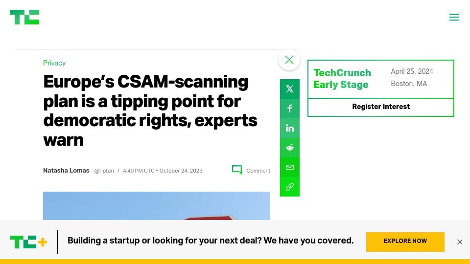 Screenshot of techcrunch.com: Europe's CSAM-scanning plan is tipping point for democratic rights, experts warn