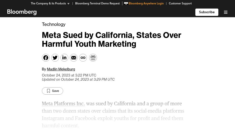 Screenshot of bloomberg.com: Meta sued by states over harmful youth marketing