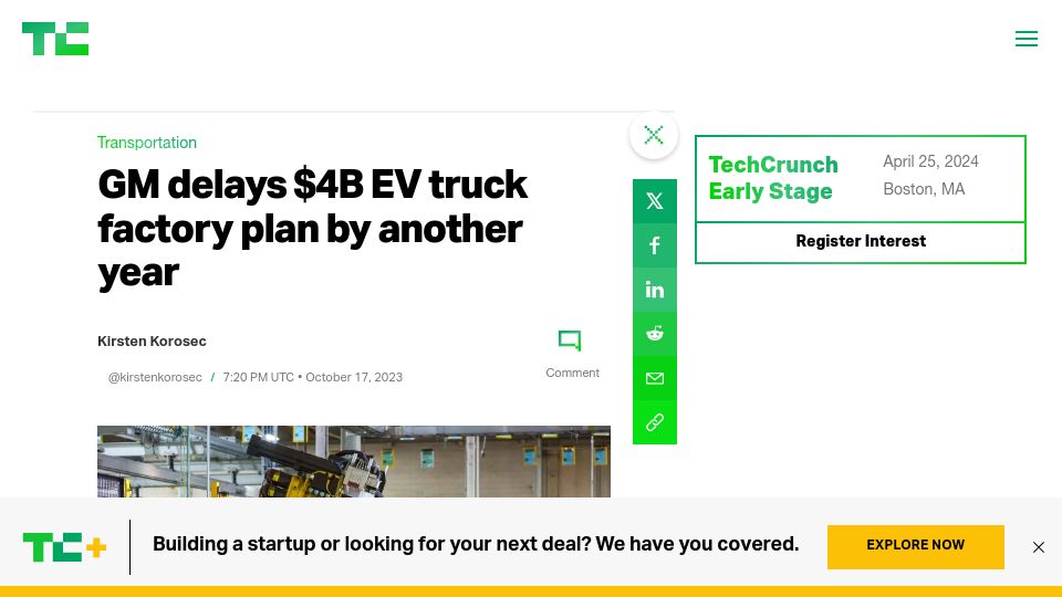 Screenshot of techcrunch.com: GM delays $4B EV truck factory plan by another year