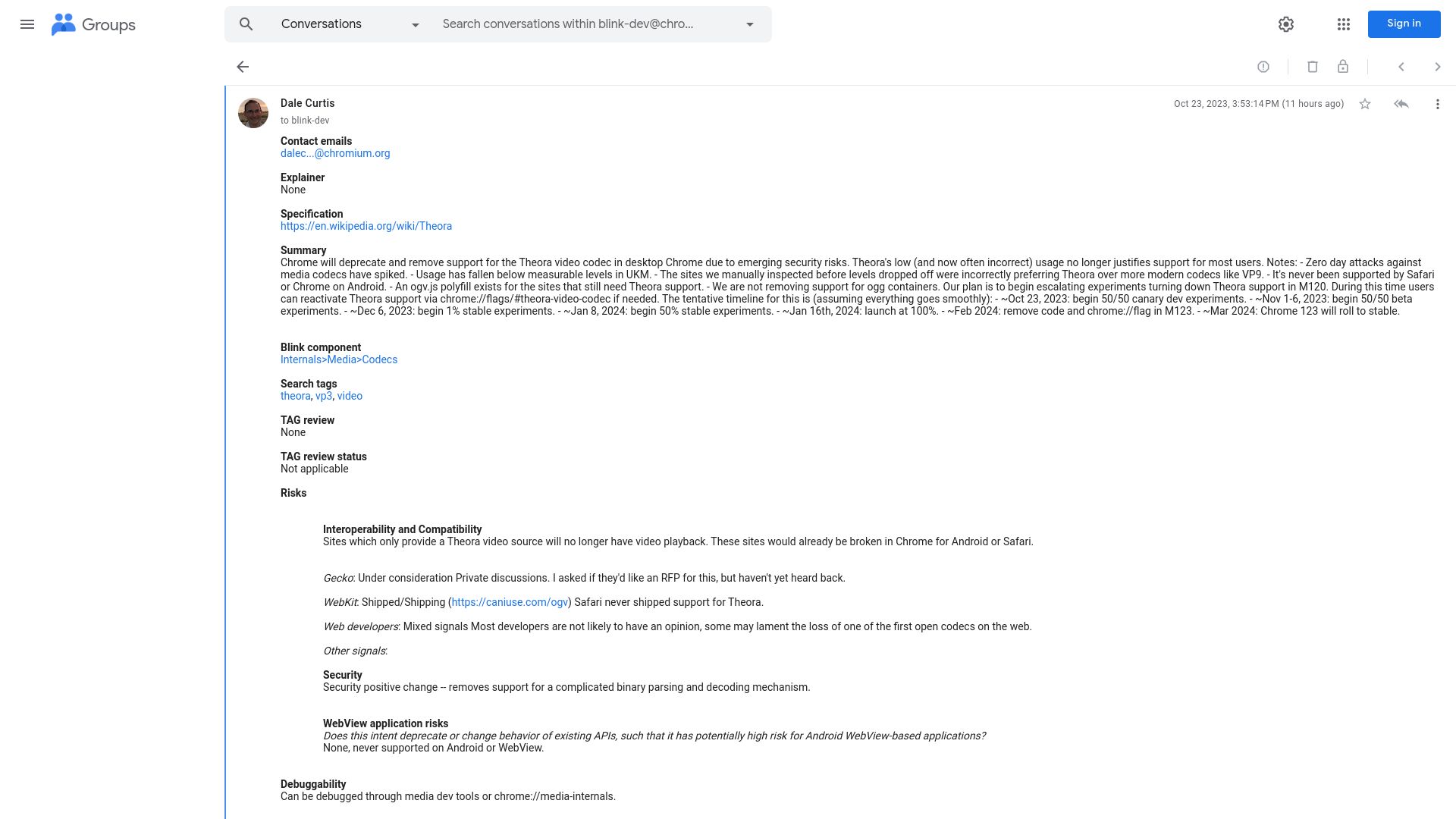 Screenshot of groups.google.com: Chrome Removing Theora Support