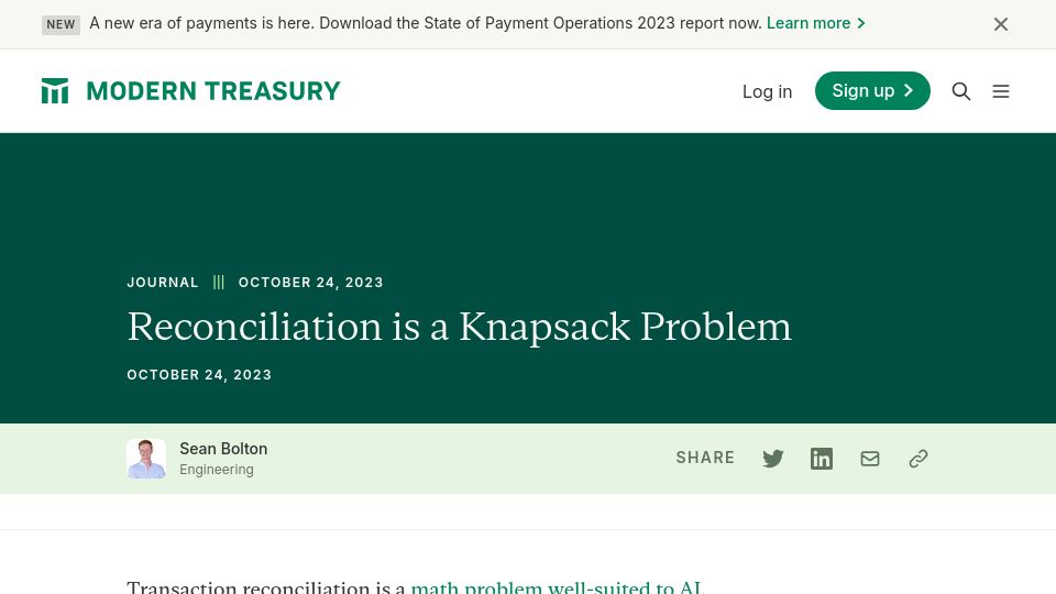 Screenshot of moderntreasury.com: Reconciliation is a knapsack problem