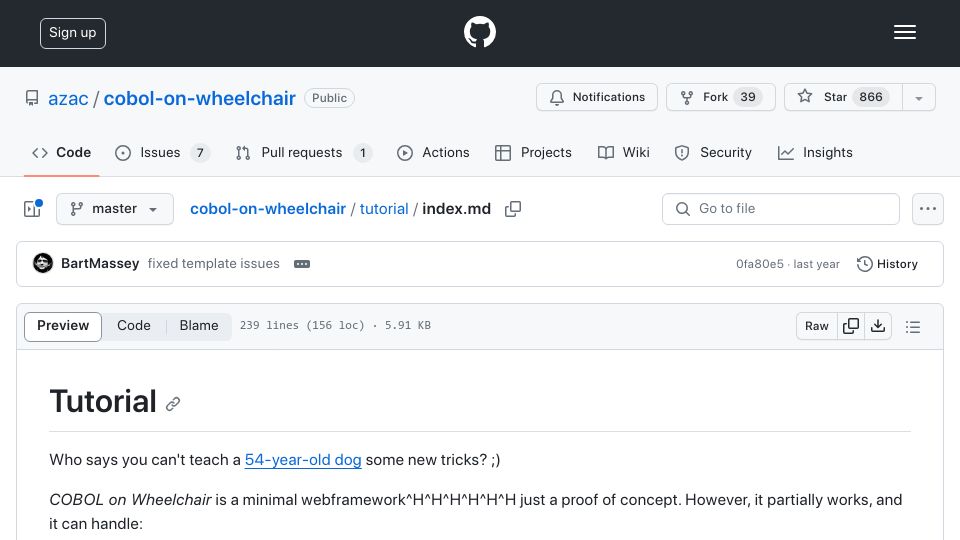 Screenshot of github.com: COBOL on Wheelchair: Micro web-framework for COBOL