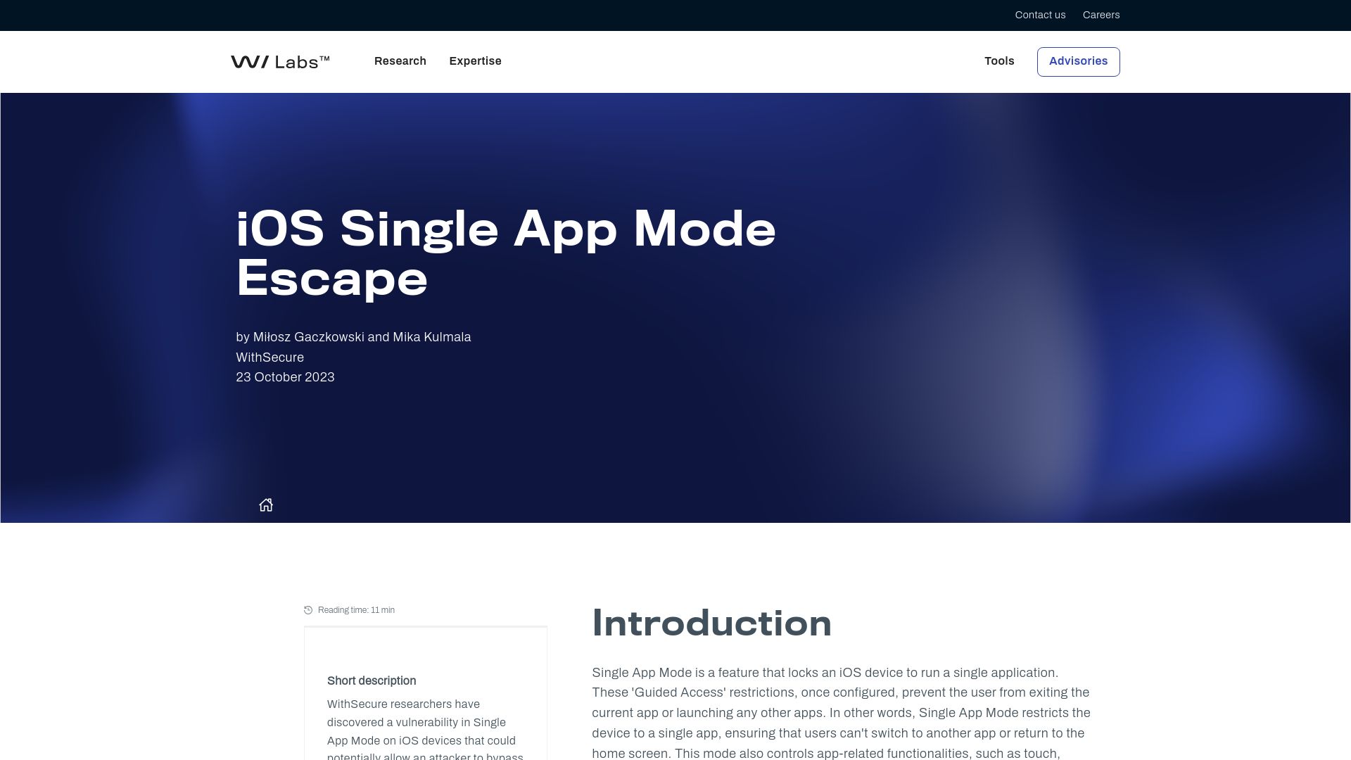 Screenshot of labs.withsecure.com: iOS Single App Mode Escape