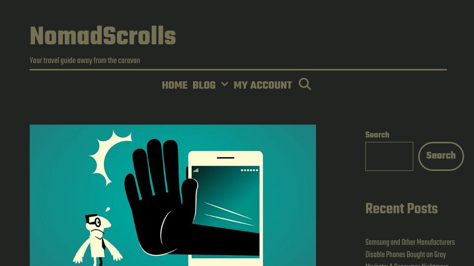 Screenshot of nomadscrolls.net: Samsung and other manufacturers disable phones bought on gray markets