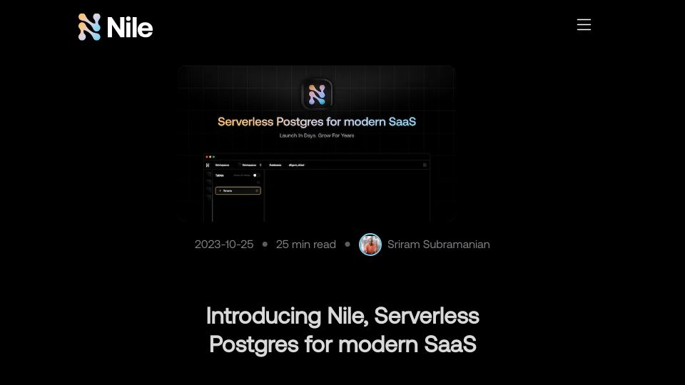 Screenshot of thenile.dev: Nile: Serverless Postgres for modern SaaS