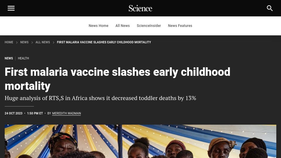 Screenshot of science.org: First malaria vaccine reduces early childhood mortality