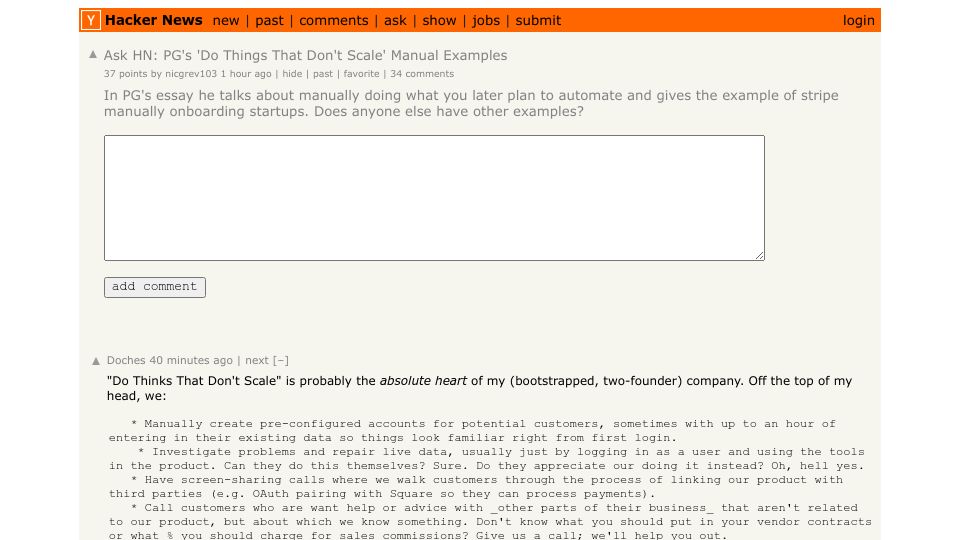 Screenshot of Hacker News post: Ask HN: PG's 'Do Things That Don't Scale' manual examples?