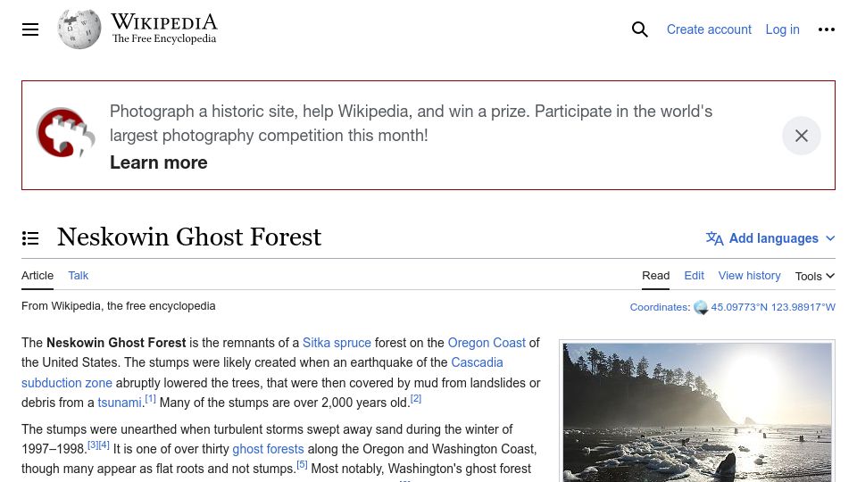 Screenshot of en.wikipedia.org: Neskowin Ghost Forest
