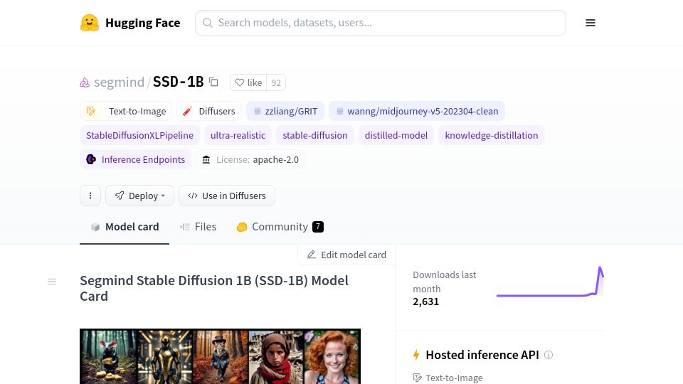 Screenshot of huggingface.co: Segmind Stable Diffusion – A smaller version of Stable Diffusion XL