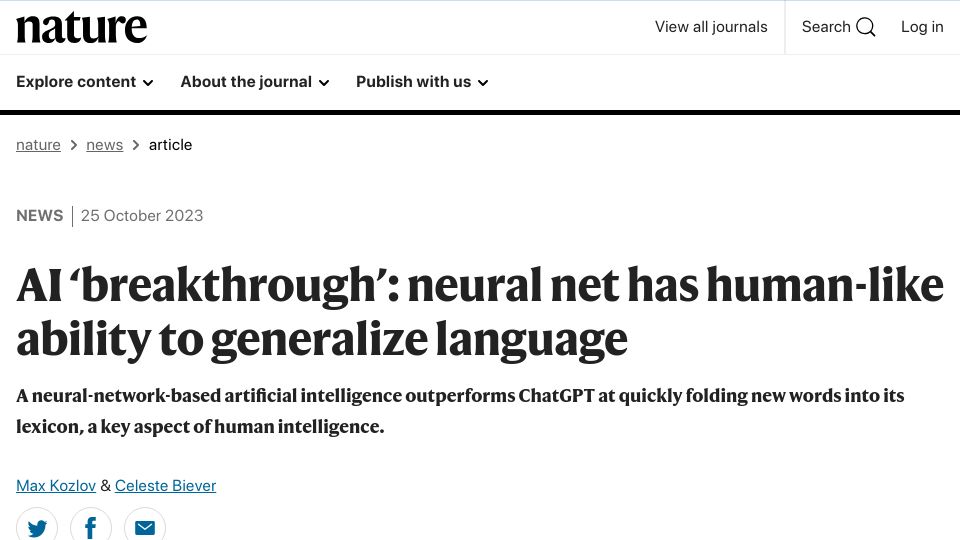 Screenshot of nature.com: AI 'breakthrough': neural net has human-like ability to generalize language