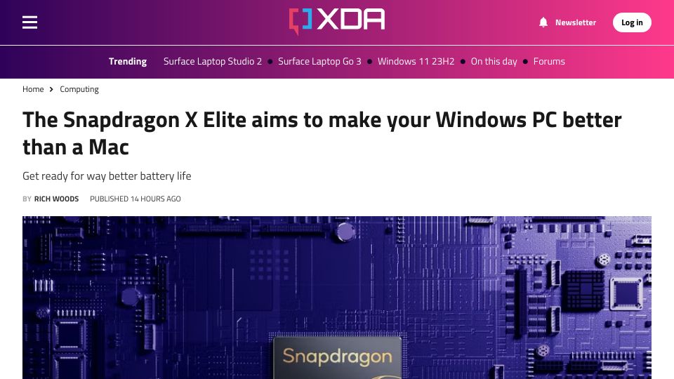 Screenshot of xda-developers.com: The Snapdragon X Elite aims to make your Windows PC better than a Mac