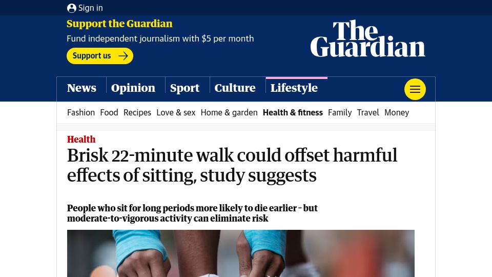 Screenshot of theguardian.com: Brisk 22-minute walk could offset harmful effects of sitting, study suggests
