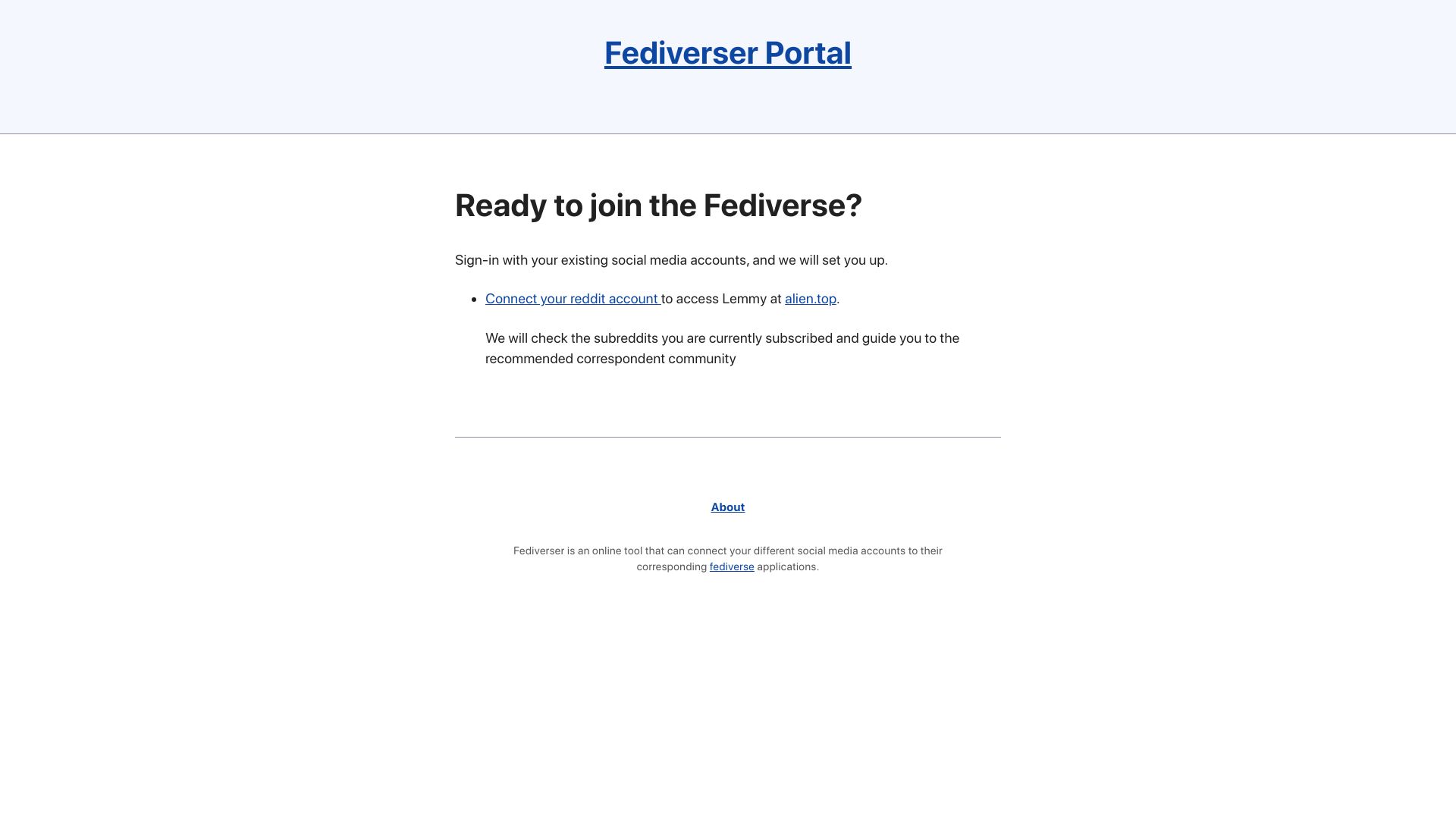 Screenshot of portal.alien.top: Show HN: Fediverser Portal – Bring your subreddits to Lemmy