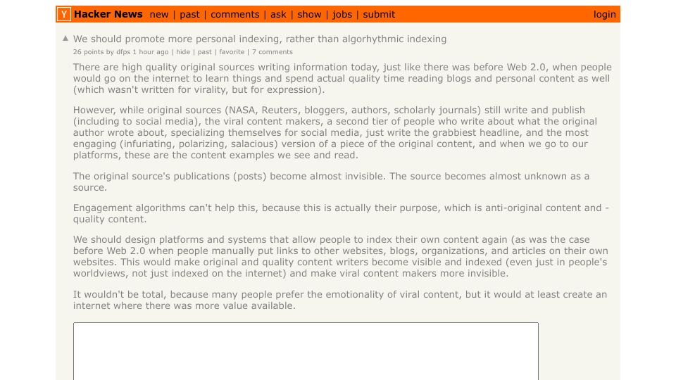 Screenshot of Hacker News post: We should promote more personal indexing, rather than algorhythmic indexing