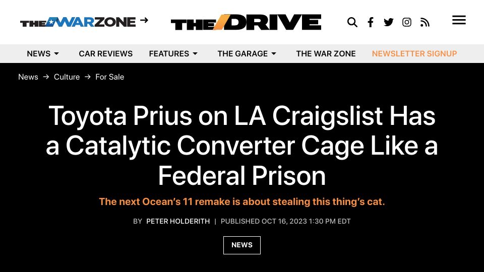 Screenshot of thedrive.com: Toyota Prius on LA Craigslist Has a Catalytic Converter Cage Like a Prison