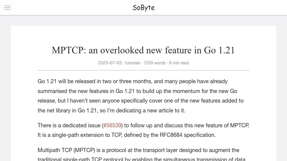 Screenshot of sobyte.net: Mptcp: An overlooked new feature in Go 1.21