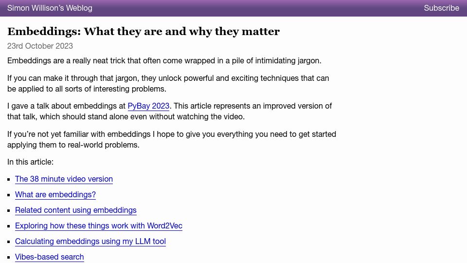 Screenshot of simonwillison.net: Embeddings: What they are and why they matter