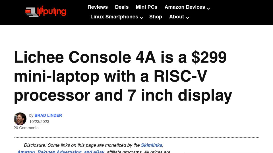 Screenshot of liliputing.com: Lichee Console 4A: Mini Laptop with a RISC-V Processor and 7 inch display