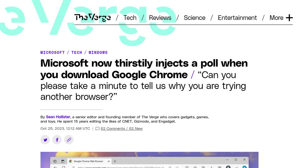 Screenshot of theverge.com: Microsoft now thirstily injects a poll when you download Google Chrome