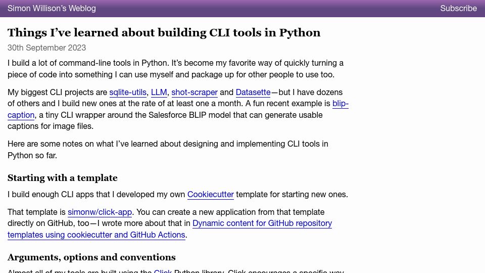 Screenshot of simonwillison.net: Things I've learned about building CLI tools in Python