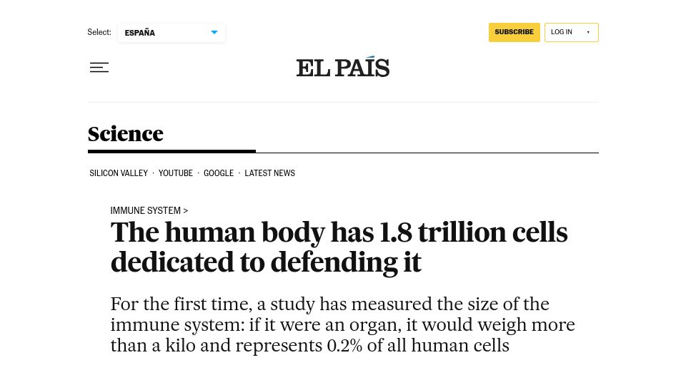 Screenshot of english.elpais.com: The human body has 1.8T cells dedicated to defending it