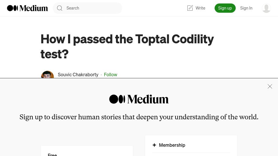 Screenshot of souvic.medium.com: How I passed the Toptal Codility test?