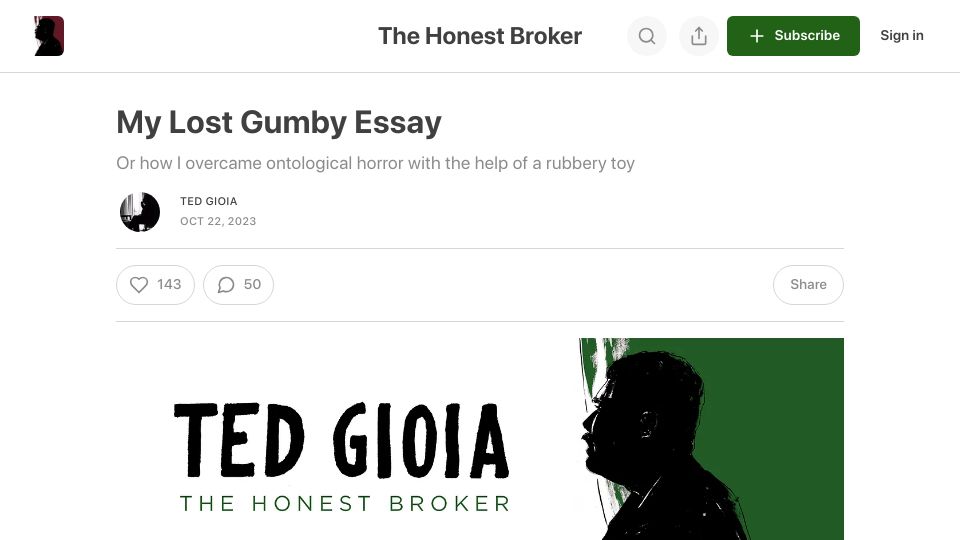 Screenshot of honest-broker.com: My Lost Gumby Essay