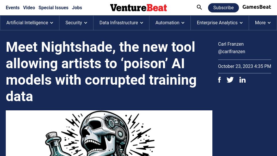 Screenshot of venturebeat.com: Nightshade, the new tool allowing artists to 'poison' AI models