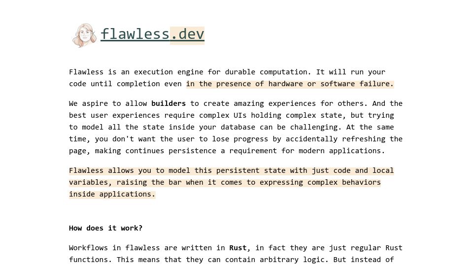 Screenshot of flawless.dev: Flawless – Durable execution engine for Rust