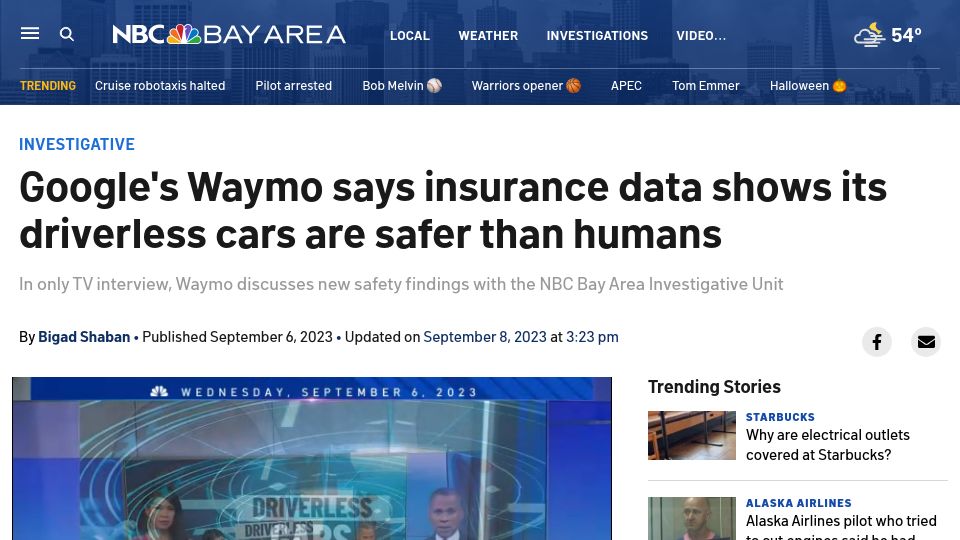 Screenshot of nbcbayarea.com: Waymo says insurance data shows its driverless cars are safer than humans