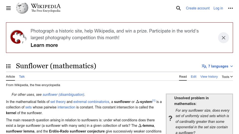 Screenshot of en.wikipedia.org: Sunflower (Mathematics)