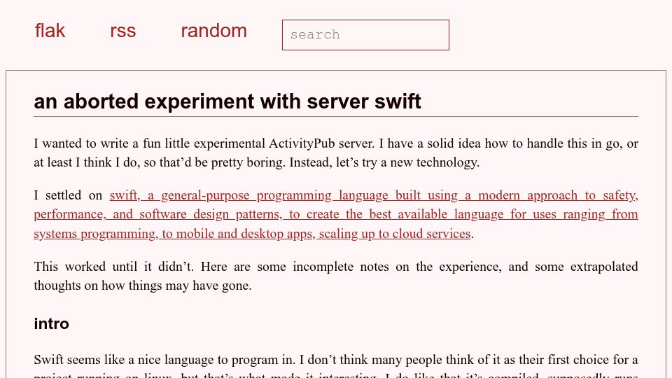 Screenshot of flak.tedunangst.com: An aborted experiment with server Swift